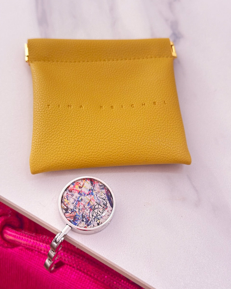 Taschenhalter mit Kunstwerk + PU-Lederetui (Gelb)